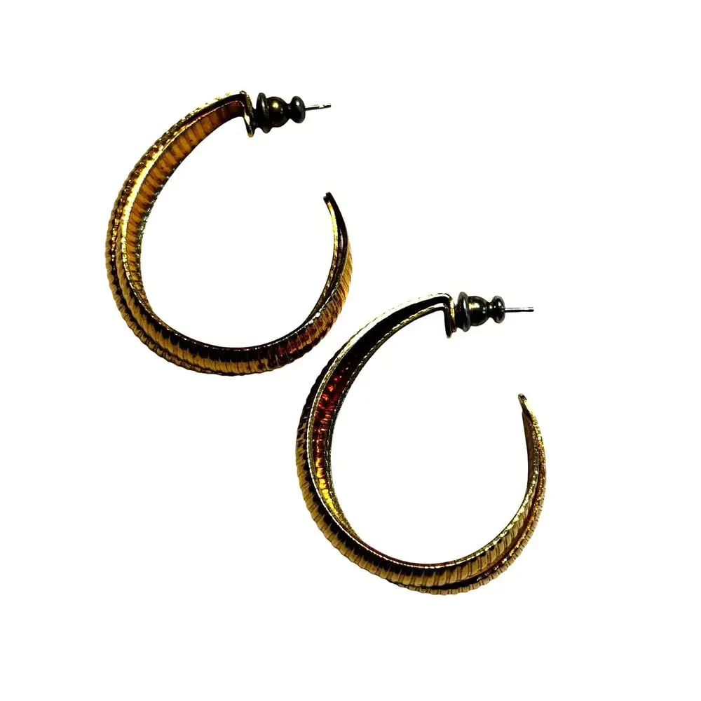 Pierced earrings textured goldtone double hoops mod fashion statement jewelry